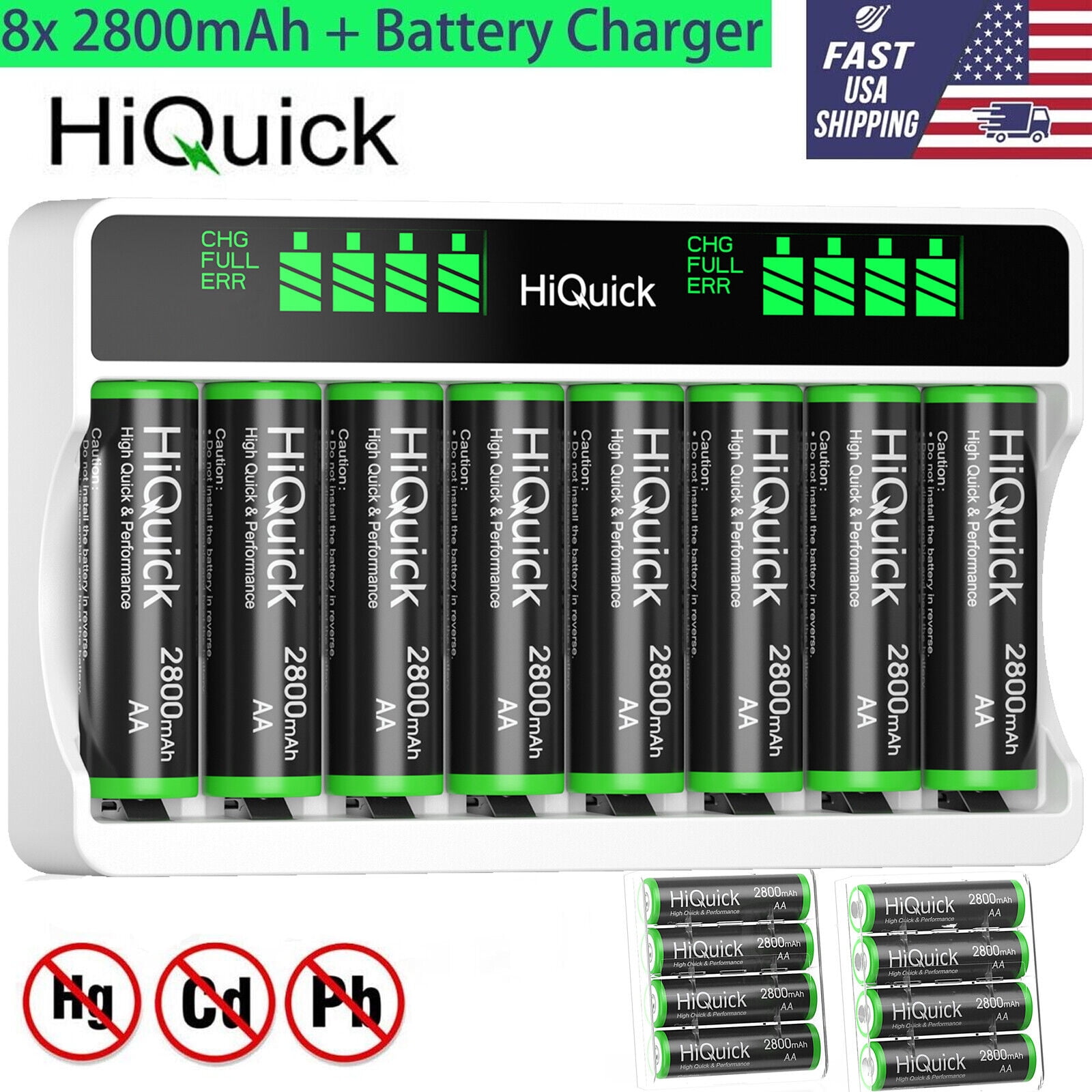 HiQuick 2800mAh AA NiMH Rechargeable Batteries (8-Count) + 8-Slot Smart Charger for AA/AAA NiMH/NiCD