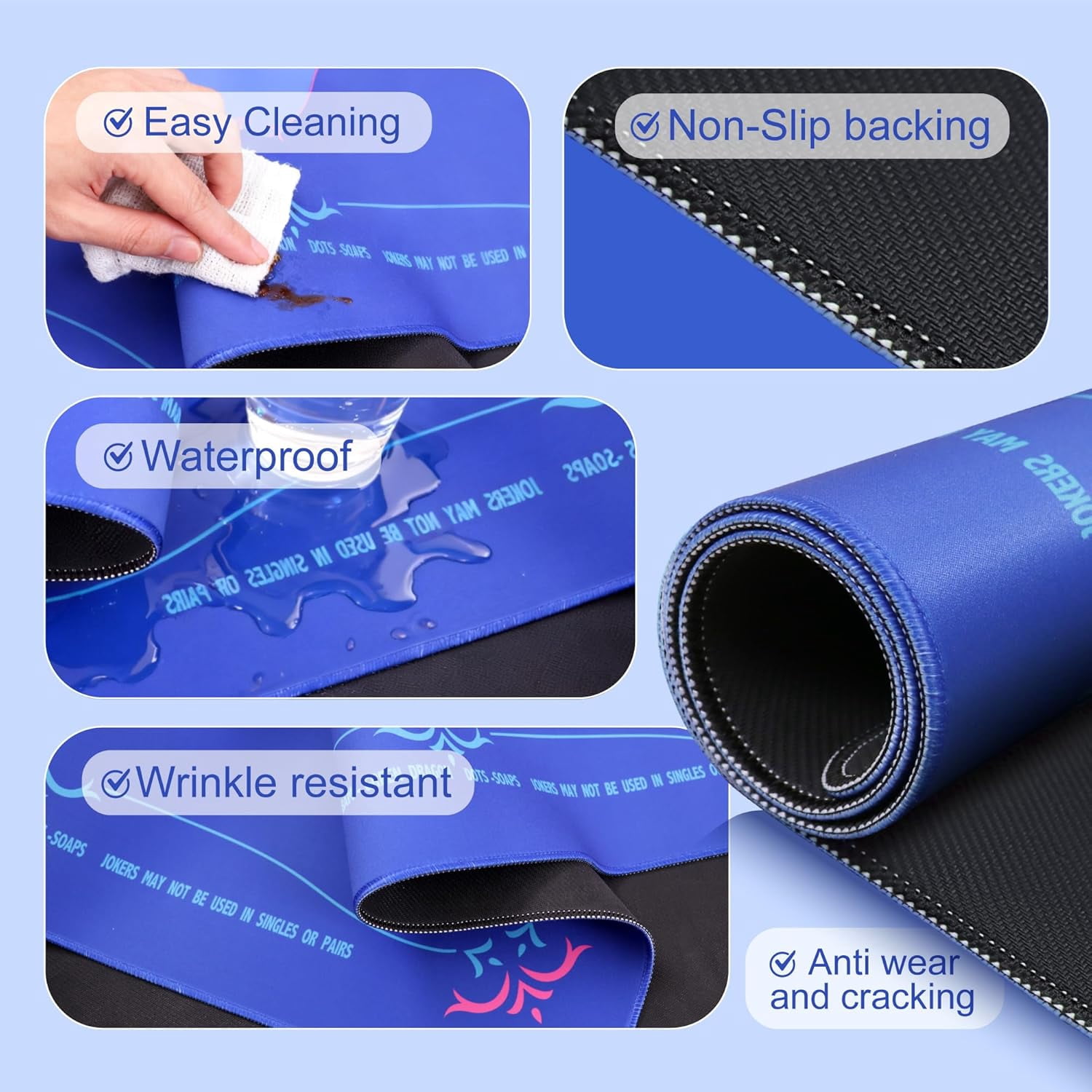 Mahjong Mat for Table, American Mahjong Mat with Printed Rules, 32x32 Inch Non-Slip, Quiet and Foldable Game Mat (Blue)