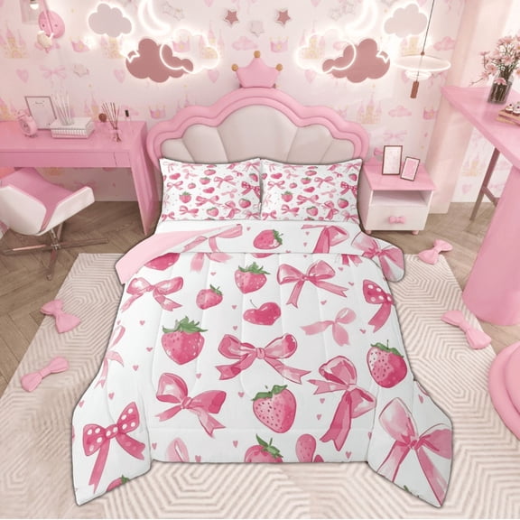 Manfei Kawaii Ribbon Bedding Full Comforter Set, Pink Strawberry Down Comforter, Cartoon Bowknot Reversible Duvet Insert, Lightweight Room Decor, 3 Pieces