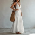 thumbnail image 5 of Halter Neck V-Neck Sleeveless Maxi Dress Solid Color Flowy Dress Casual Summer Party Evening Gown for Women White XL(XL), 5 of 8
