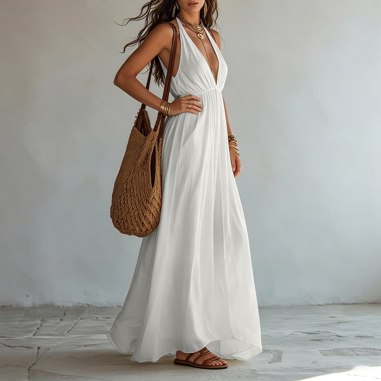 Dolkfu Women's Summer&Fall dresses Sleeveless White Minimalist V-Neck Maxi Faux-Wrap Dresses Flowy Solid Cotton Blend White,M