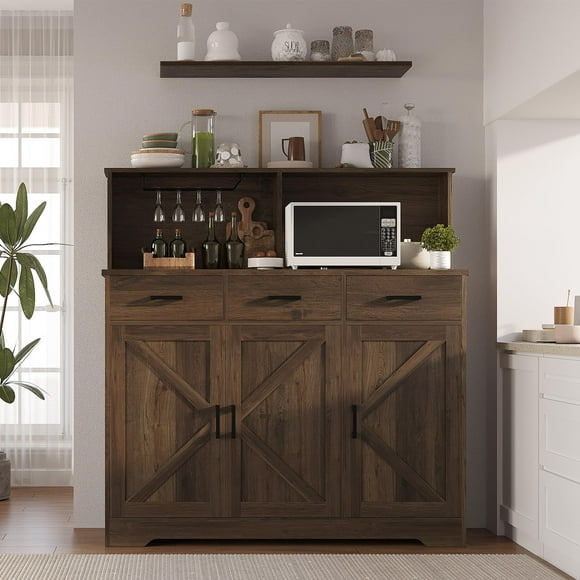 Buffet Cabinet with Microwave Stand, Barn Doors Sideboard Storage Cabinet with Drawers and Shelves for Kitchen, Living Room, Grey/Brown/White