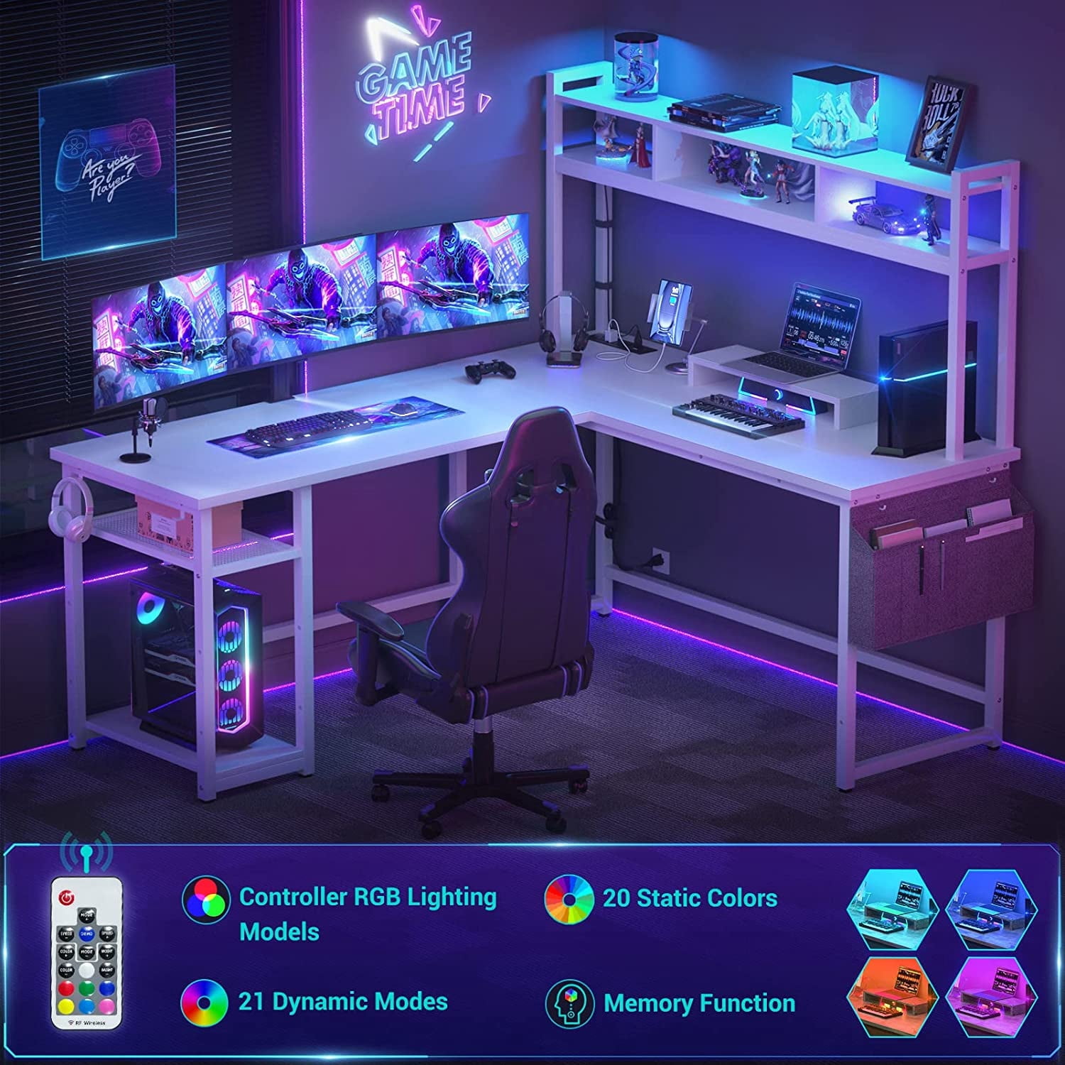Homieasy L Shaped Desk with Power Outlet, LED Strip, Storage Shelf, Monitor Stand and Hutch, White