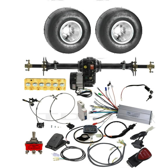 Rear Differential Axle Kit 48V 1000W Electric Motor Controller Hydraulic Brake 11x7.10-5 Wheels Tires DIY Parts For Go Kart Golf Cart ATV Quad Buggy Trike Tricycle 4 Wheeler Dolly (30" Axle)