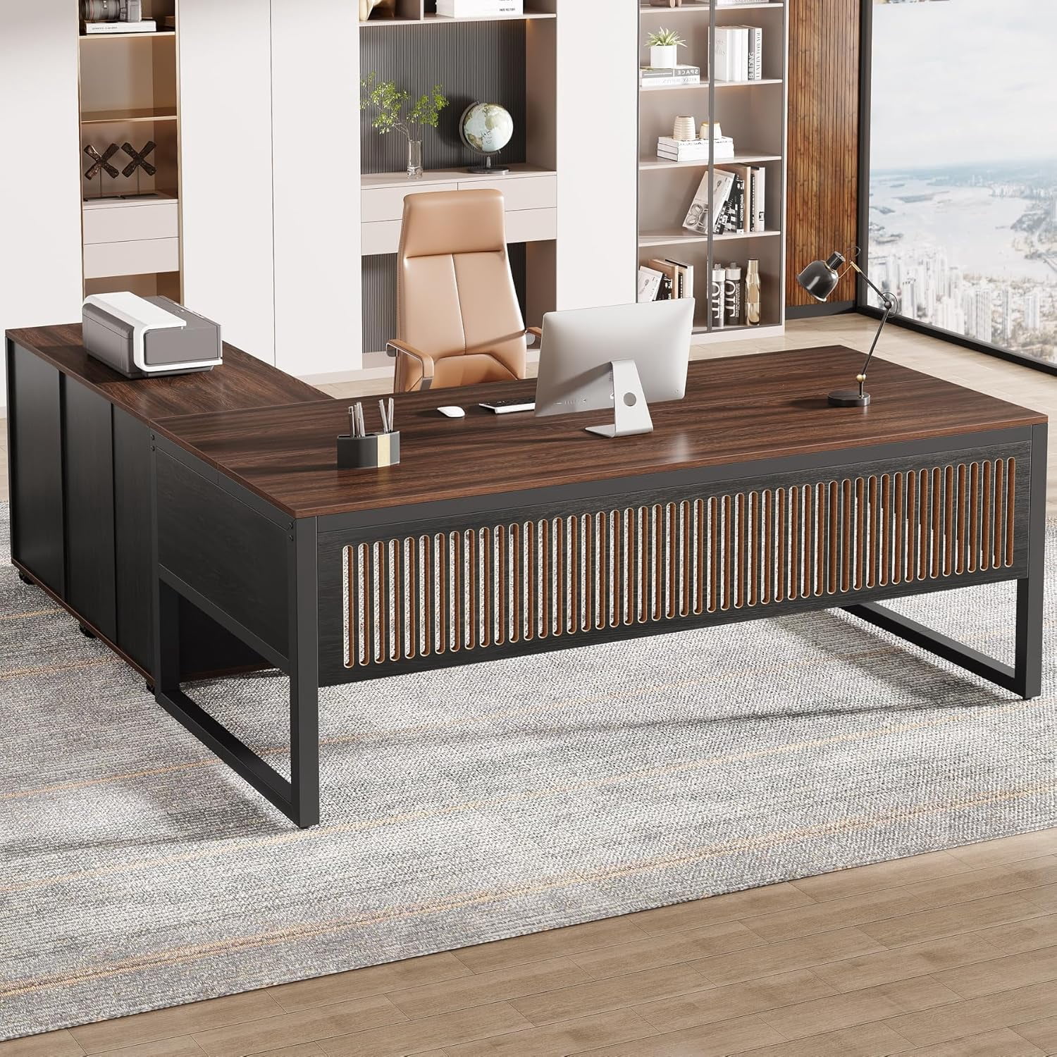 Finmind 63-Inch L-Shaped Desk, Modern Executive Desk with Mobile File Cabinet,Dark Walnut & Black