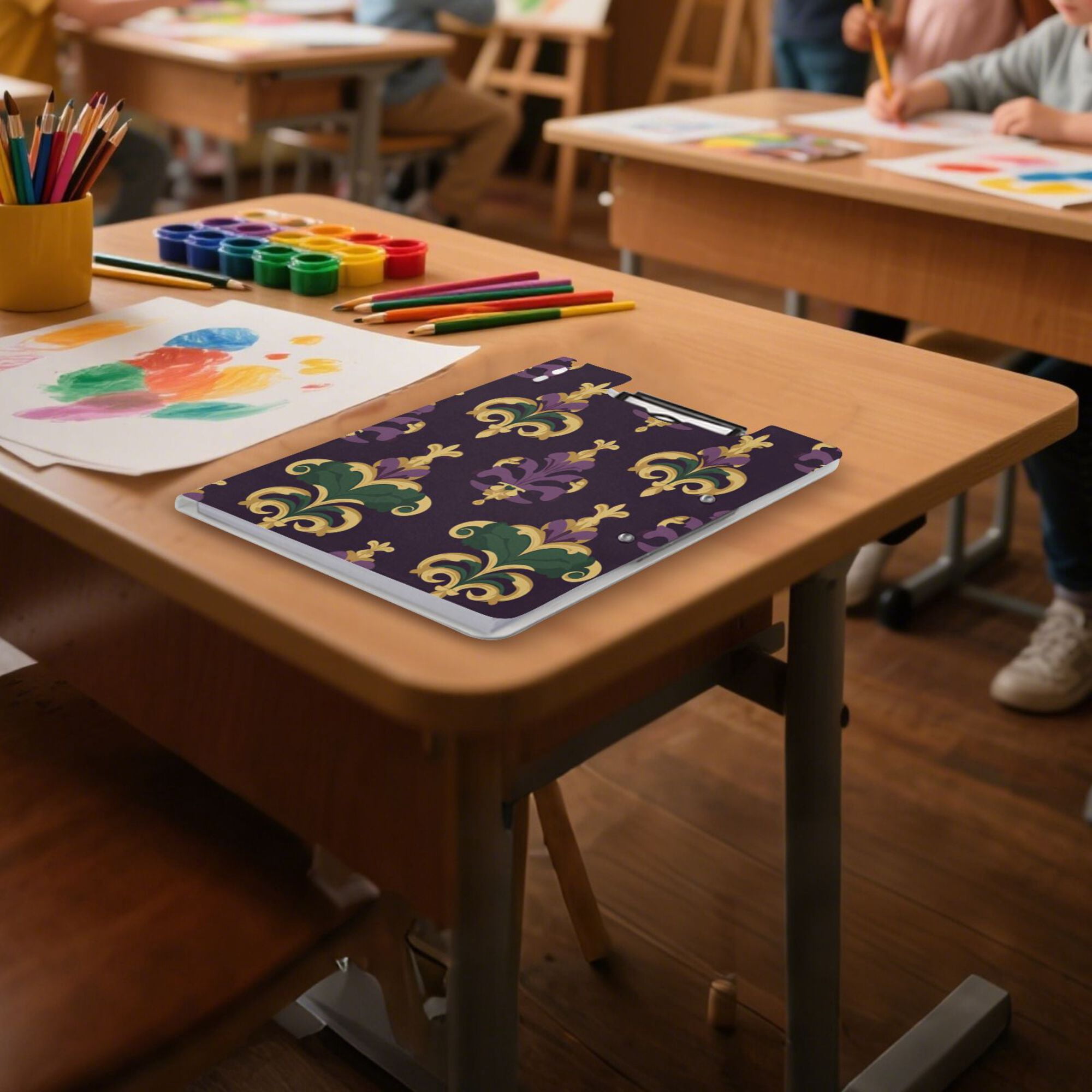 FORMRS A4 Clipboard Folder with Pen Holder Horizontal Foldable School Office Binder, Gold and Purple Floral Pattern