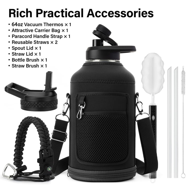 Vacuum insulated water bottle, 18/8 stainless steel metal flask, 64 oz  large capacity for gym hiking work, includes straw handle strap carrier  bag, ...