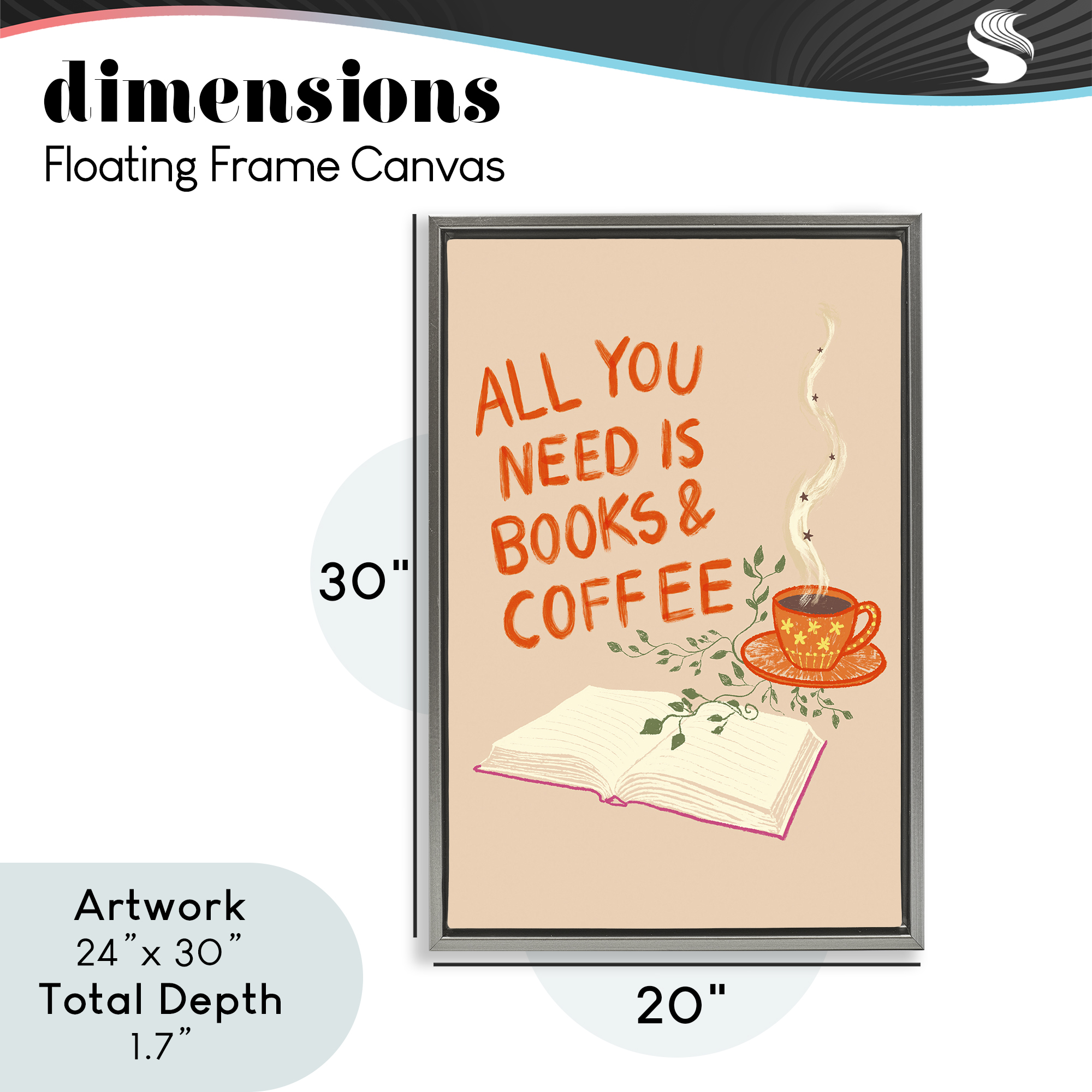 Need Books & Coffee Gray Framed Floater Canvas Wall Art, design by Florentina Dolci