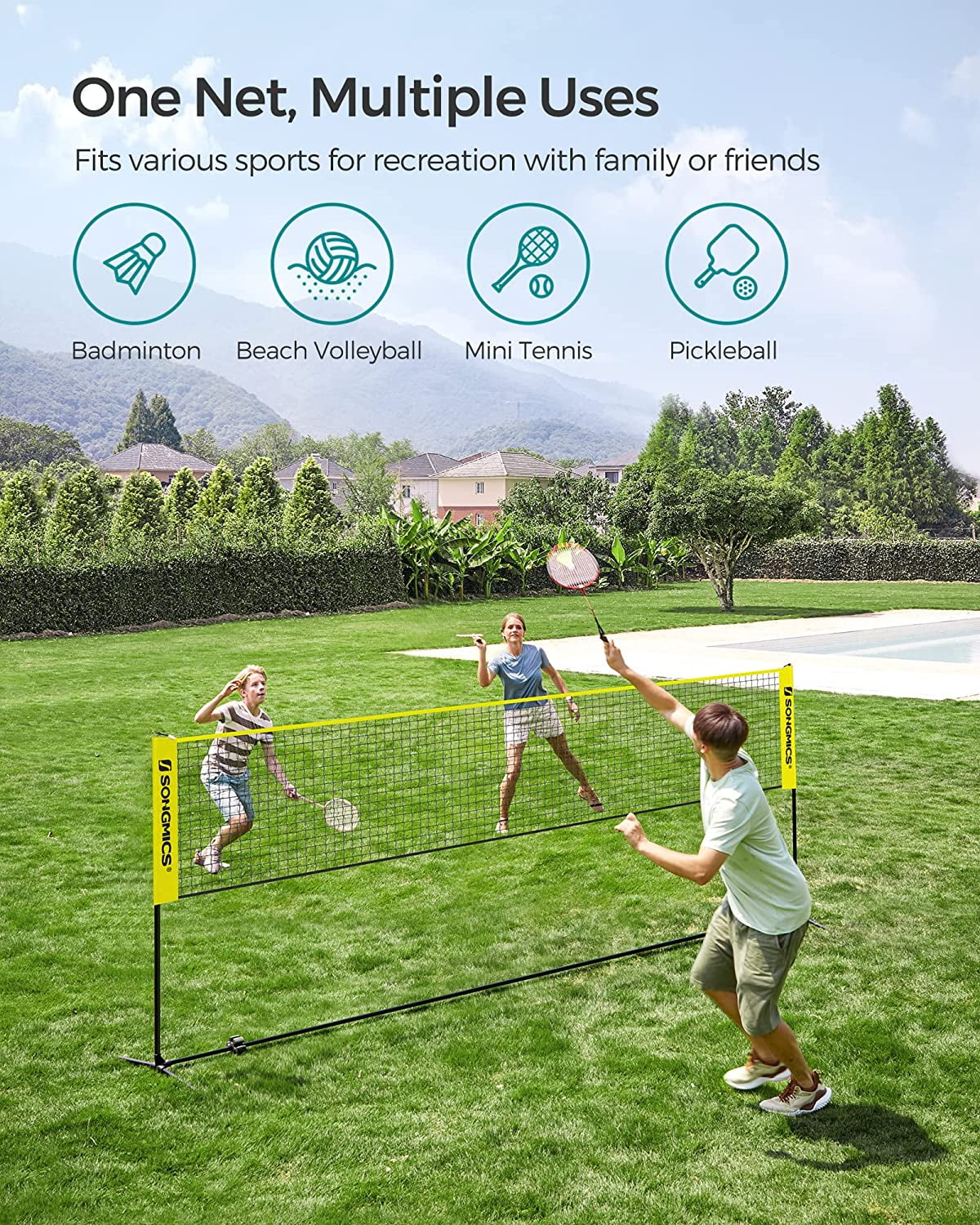 SONGMICS Badminton Net Set Portable Sports Set for Badminton Tennis Kids Volleyball Pickleball Easy Setup Nylon Net with Poles for Indoor Outdoor Court,13FT