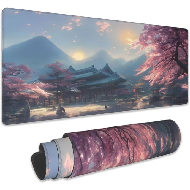 Desk Mat, Spring Cherry Blossoms Extended Gaming Mouse Pad Large, Fantastic Shrine Desk Mat with Non-Slip Base and Stitched Edge, Long Computer Keyboard Mouse Mat for Home Office Work 31.5"x11.8"