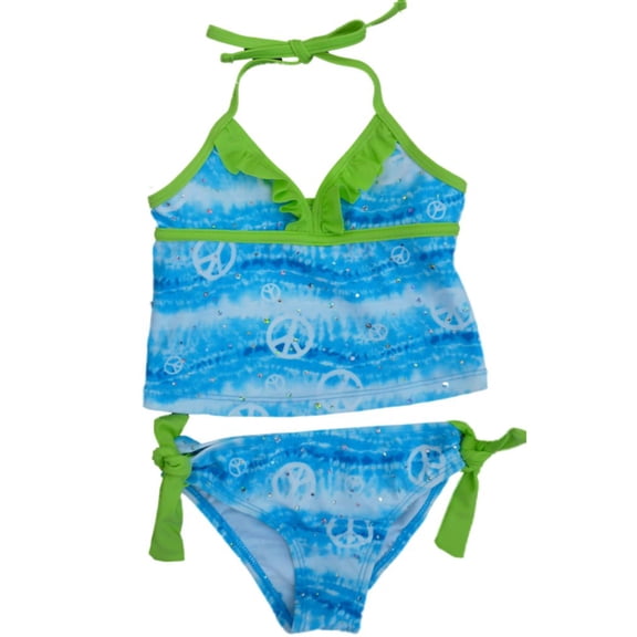 Laguna Girls Blue Tie Dye With Peace Sign Tankini Swimming Suit Swim 2 PC 4