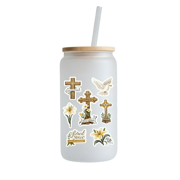 16 Oz Frosted Glass Cup with Straw and Lid, Painted with Cross Patterns, Tumbler Drinking Set, Great for Gift or Everyday Use