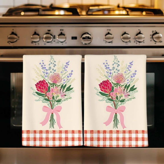 Pastoral Flowers Kitchen Towels Set of 2, Spring Red Pink Leaves Farmhouse Plaid Absorbent Dish Towels for Kitchen, Microfiber Hand Towel, Quick Drying Tea Towel for Cleaning Decorative Dishcloths