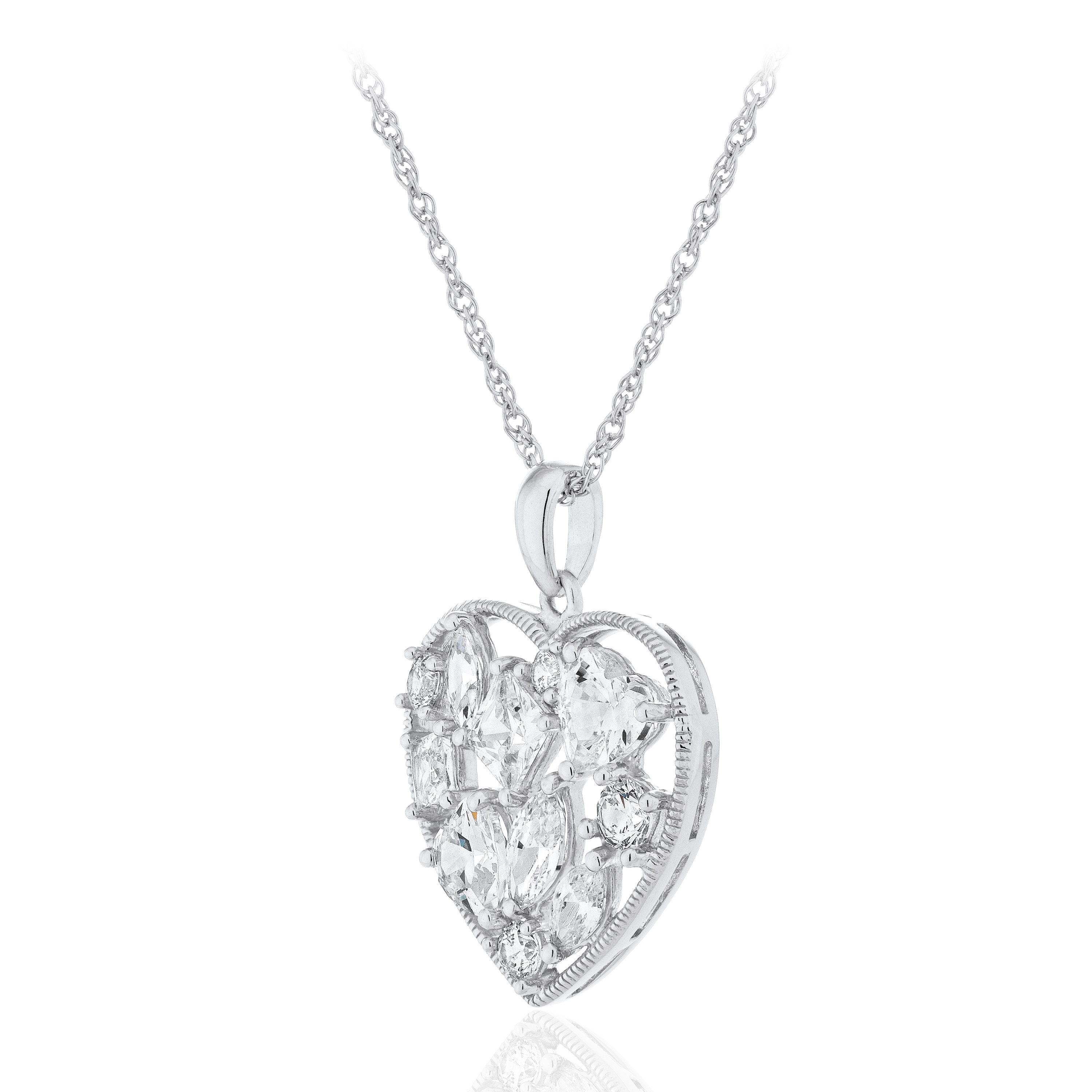 Sterling Silver Heart Simulated Diamond Mixed shapes Scatter Top Pendant with Chain, 18"