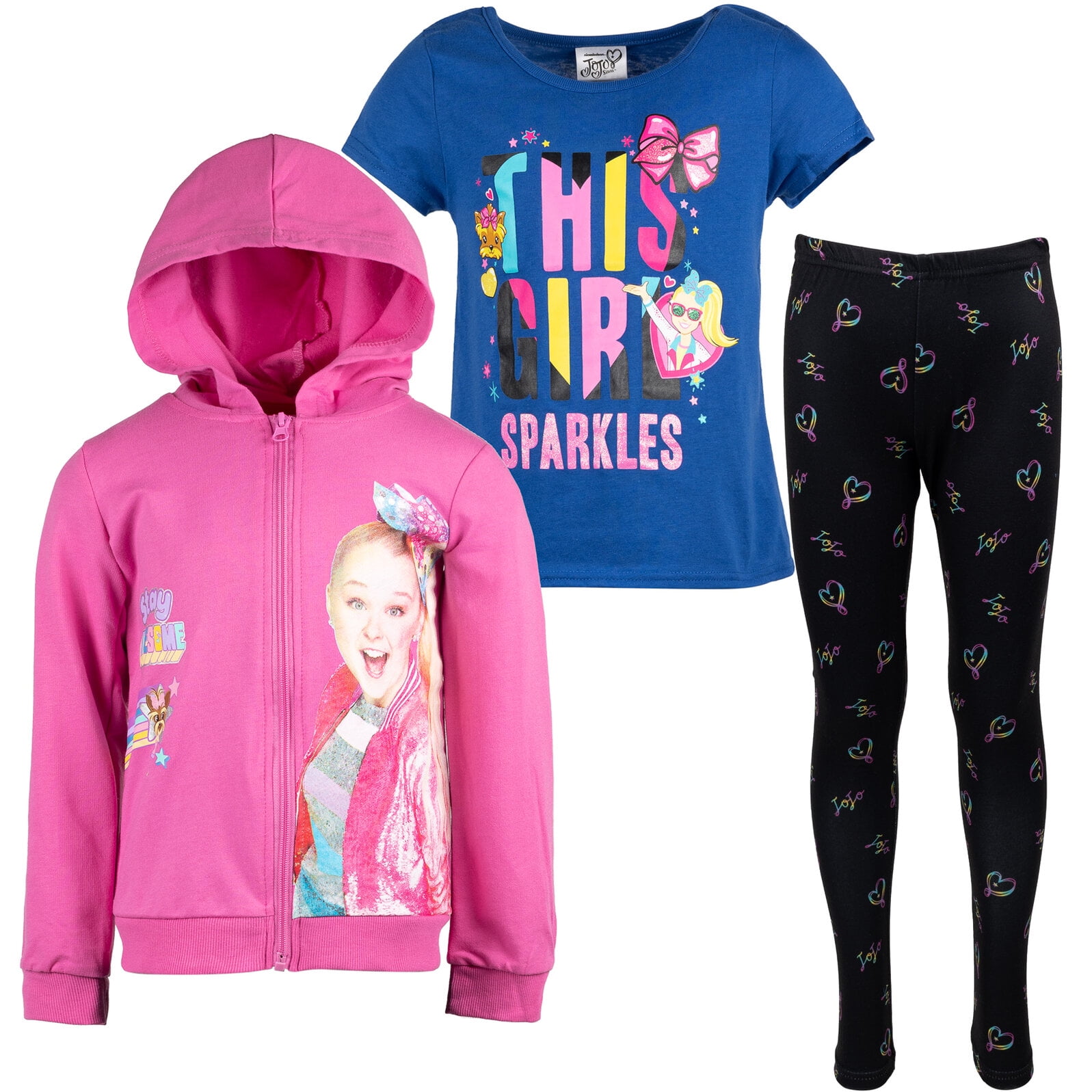 JoJo Siwa Little Girls Zip Up French Terry Hoodie T-Shirt and Leggings