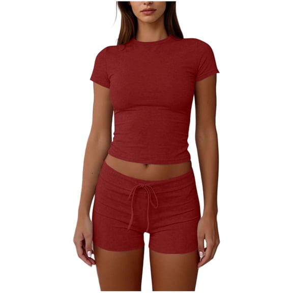 Enjoytime Two Piece Sets for Women Summer Round Neck Short Sleeve Crop Tops with Shorts Matching Sets Summer Travel Casual Outfits