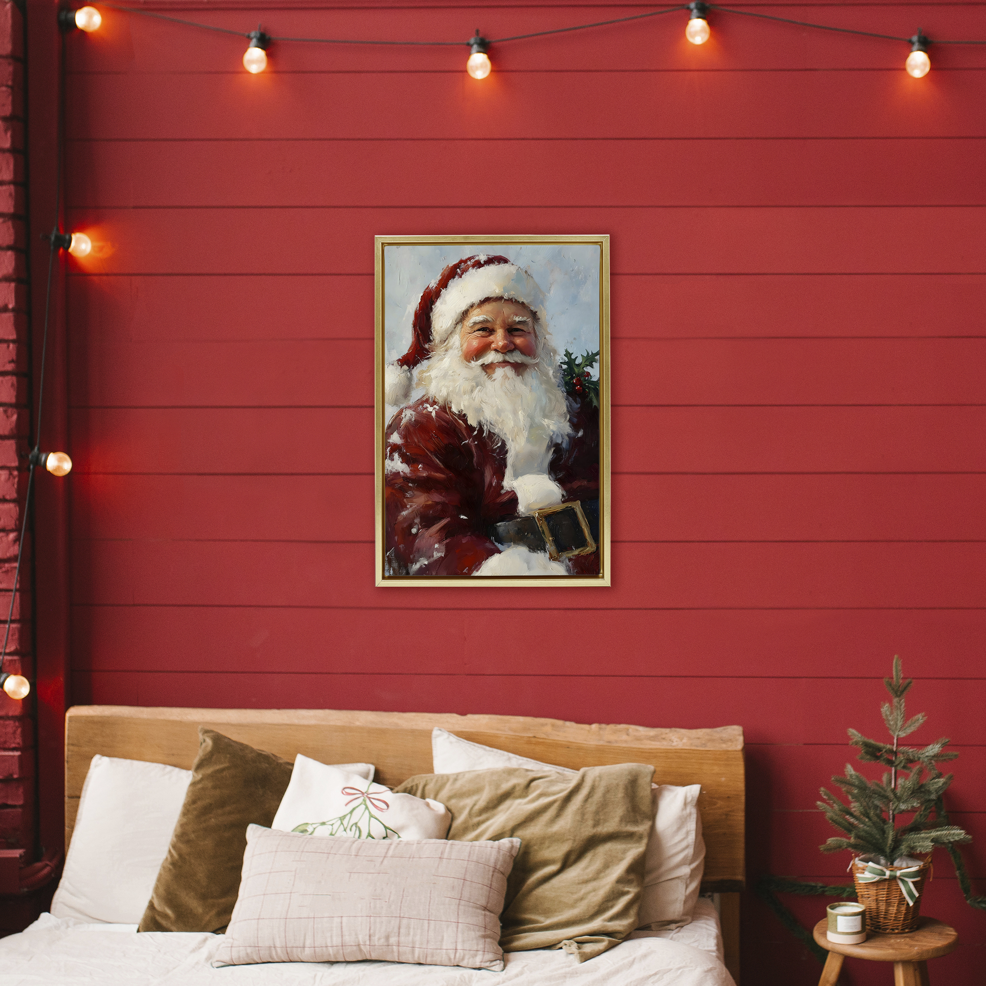 Rosy Cheeked Santa Smile Gold Framed Floater Canvas Wall Art, design by Petal Prints Design