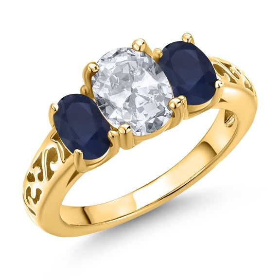 Gem Stone King 18K Yellow Gold Plated Silver White Topaz and Blue Sapphire Filigree Style 3 Stone Ring for Women (2.61 Cttw, Oval 8X6MM and 6X4MM) (Size 6)