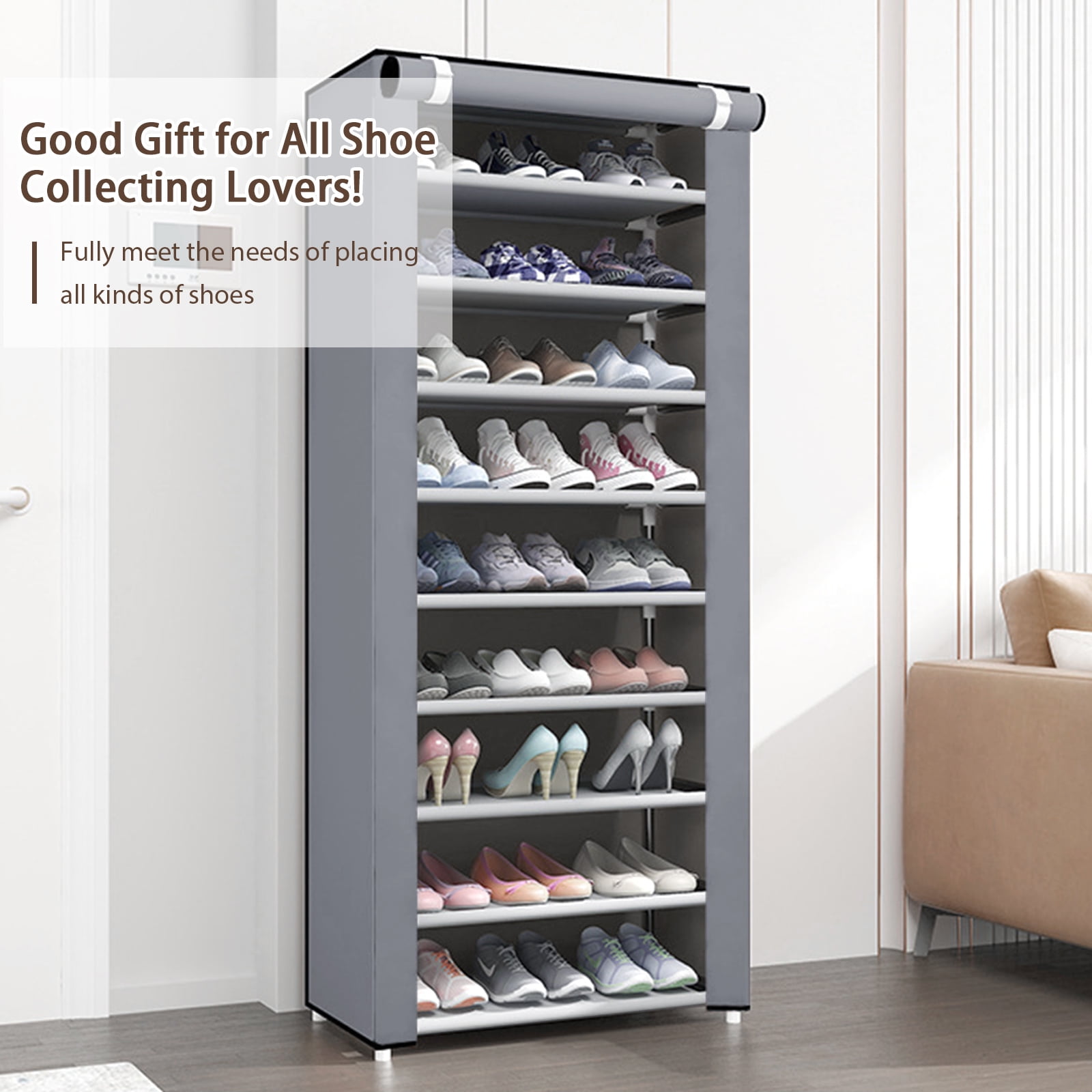 BAOKALER 10-Tier Tall Shoe Rack Shelf, 27 Pairs Closet Shoe Organizer Storage with Cover, 9 Lattices, Silver Gray