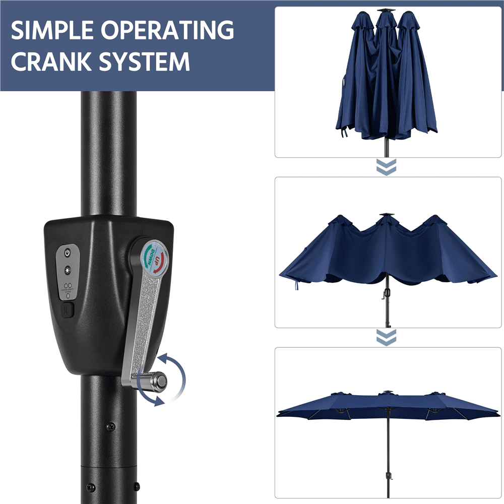 Renwick 15 FT Outdoor Umbrella with Base & Multi-Mode LED Lights Strips, Navy Blue