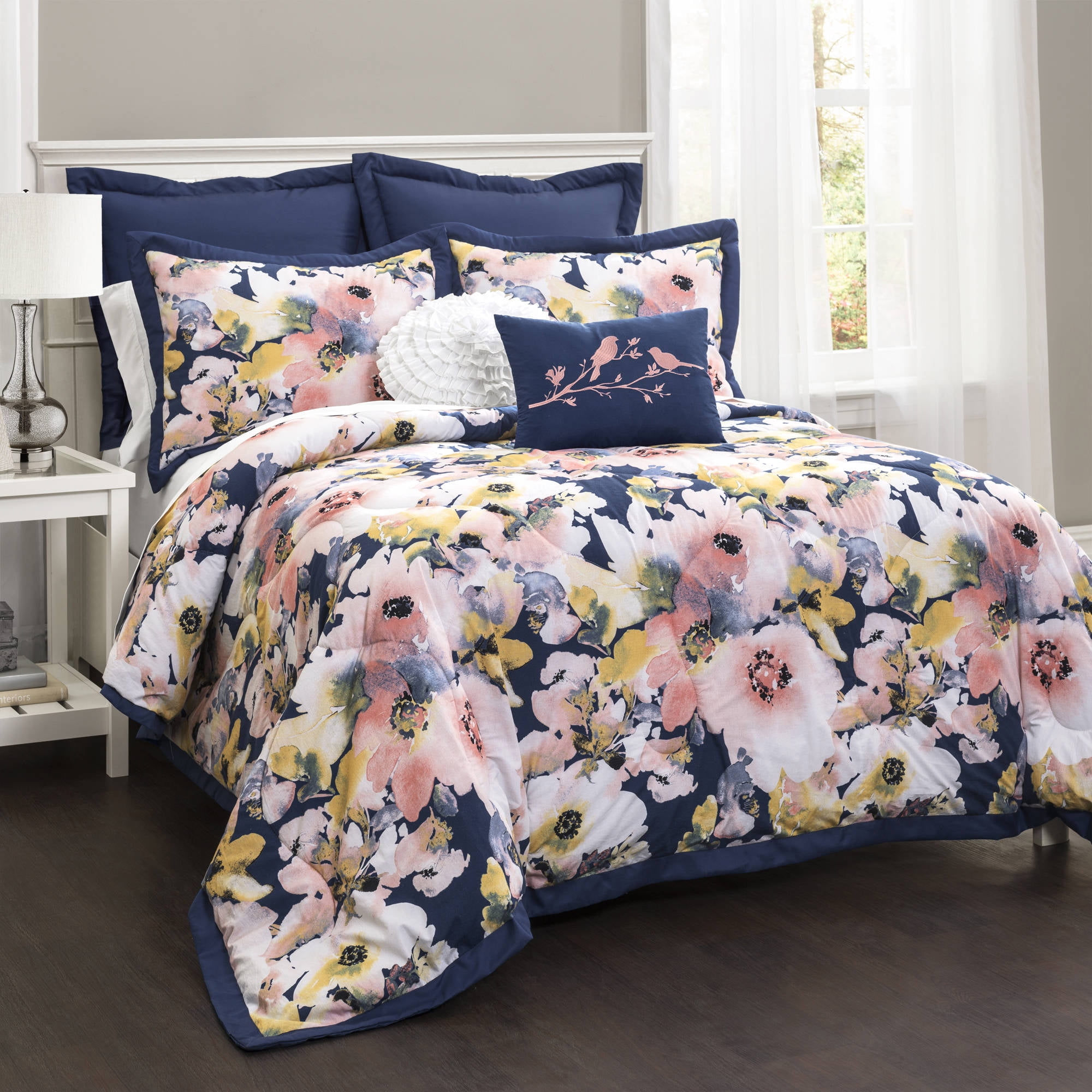 Full/Queen 7pc Floral Watercolor Comforter Set Blue - Lush Décor