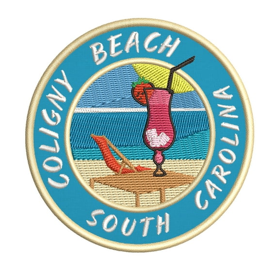 Happy Hour! At Coligny Beach, South Carolina USA 3.5 Inch Iron Or Sew On Embroidered Fabric Badge Patch Ocean Beach, Salt Life Iconic Series