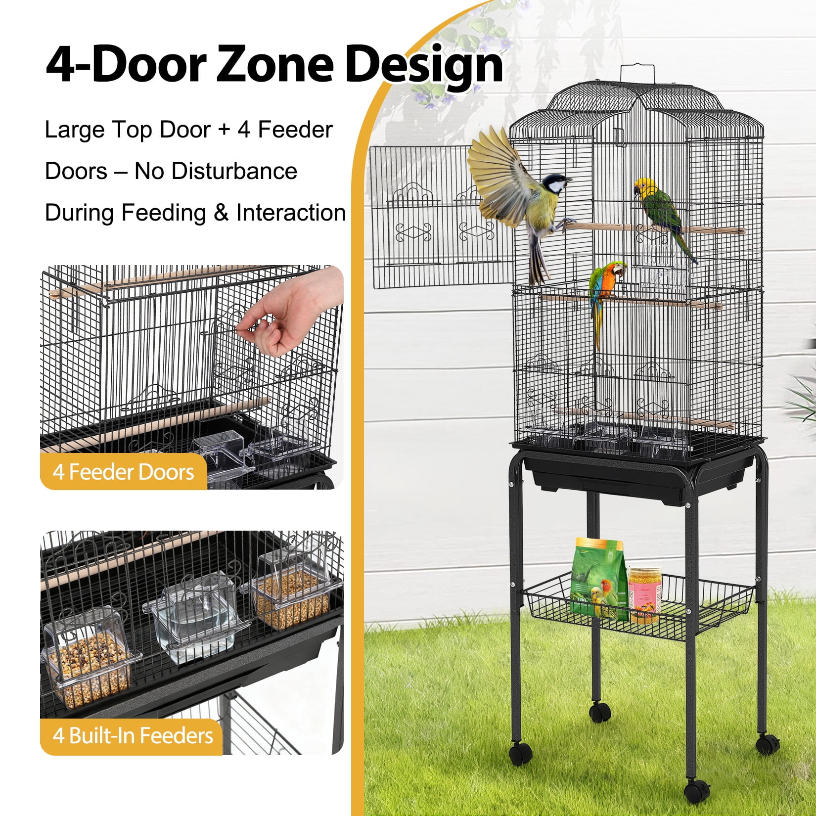 Multi-Level Metal Bird Cage with Storage Shelf & Rolling Stand – 4 Access Doors, Removable Tray, Perches, Food Bowls, Durable, Easy Clean, Detachable Stand – Model 6103H+B2