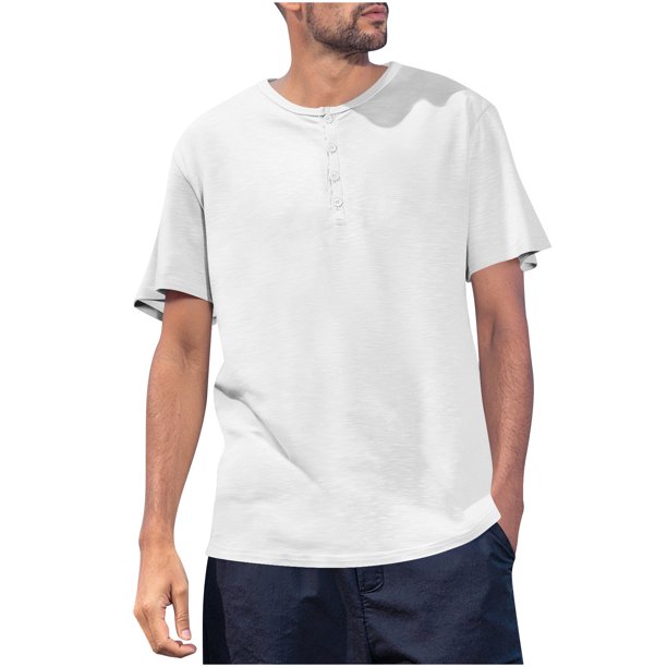 Mens Casual de Manga Corta Botón Abajo Camisas Casual de Moda Color Sólido Redondo Cuello Botón Doblado Hendidura Superior, Camisa de Fibra de Poliéster