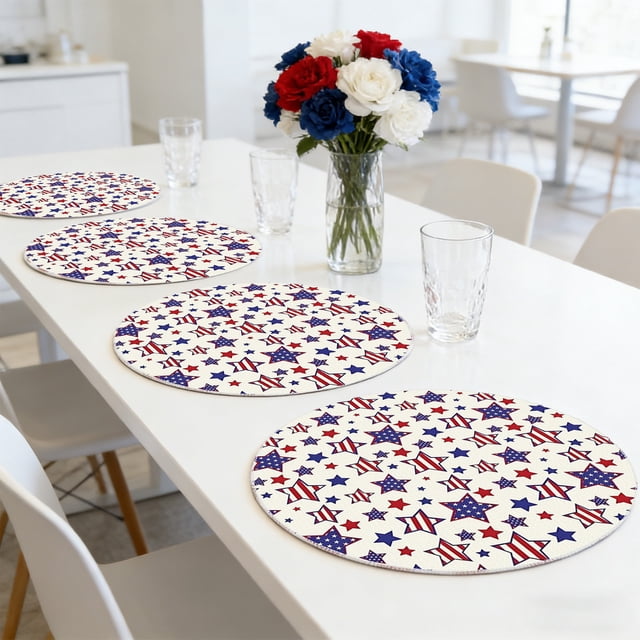 4 Piece Independence Day Star Printed Placemat 14.0 Inch Round Mat For Kitchen Table And Home Decor