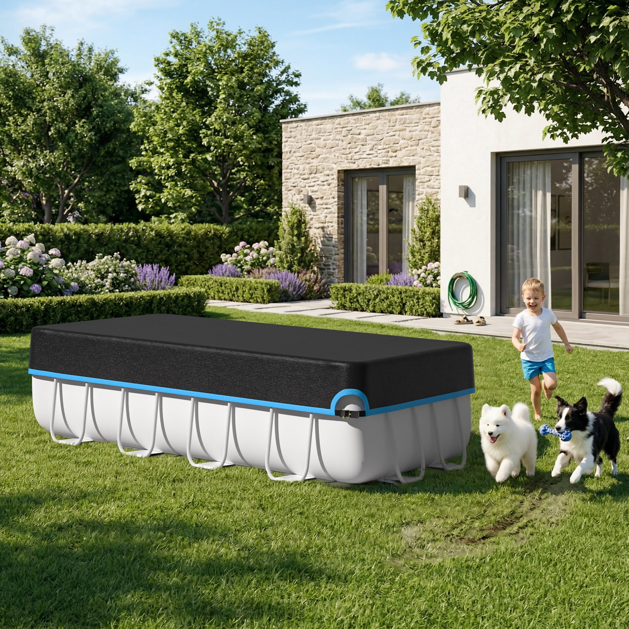 Agricasst 7X13FT Rectangular Pool Cover, 420D Solar Pool Covers for Above Ground Pool with Strap & Drawcord Tightener, Inflatable Pool Cover for UV Resistant, Waterproof Snowproof & Windproof, Blue