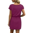 thumbnail image 4 of Evdexr Womens Cinched Waist Tshirt Dress Drawstring Midi Dress Short Sleeve V Neck Vacation Dresses Petite Elastic High Waist Tummy Control Babydoll Sundress with Pockets Dark Purple L, 4 of 5