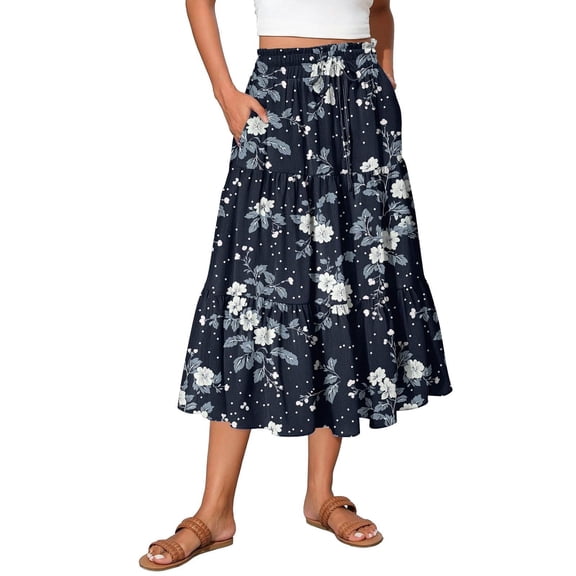XIAOCHA Womens Summer Midi Skirt Floral Dot Print Elastic High Waist Tiered Ruffle Casual Swing Skirts