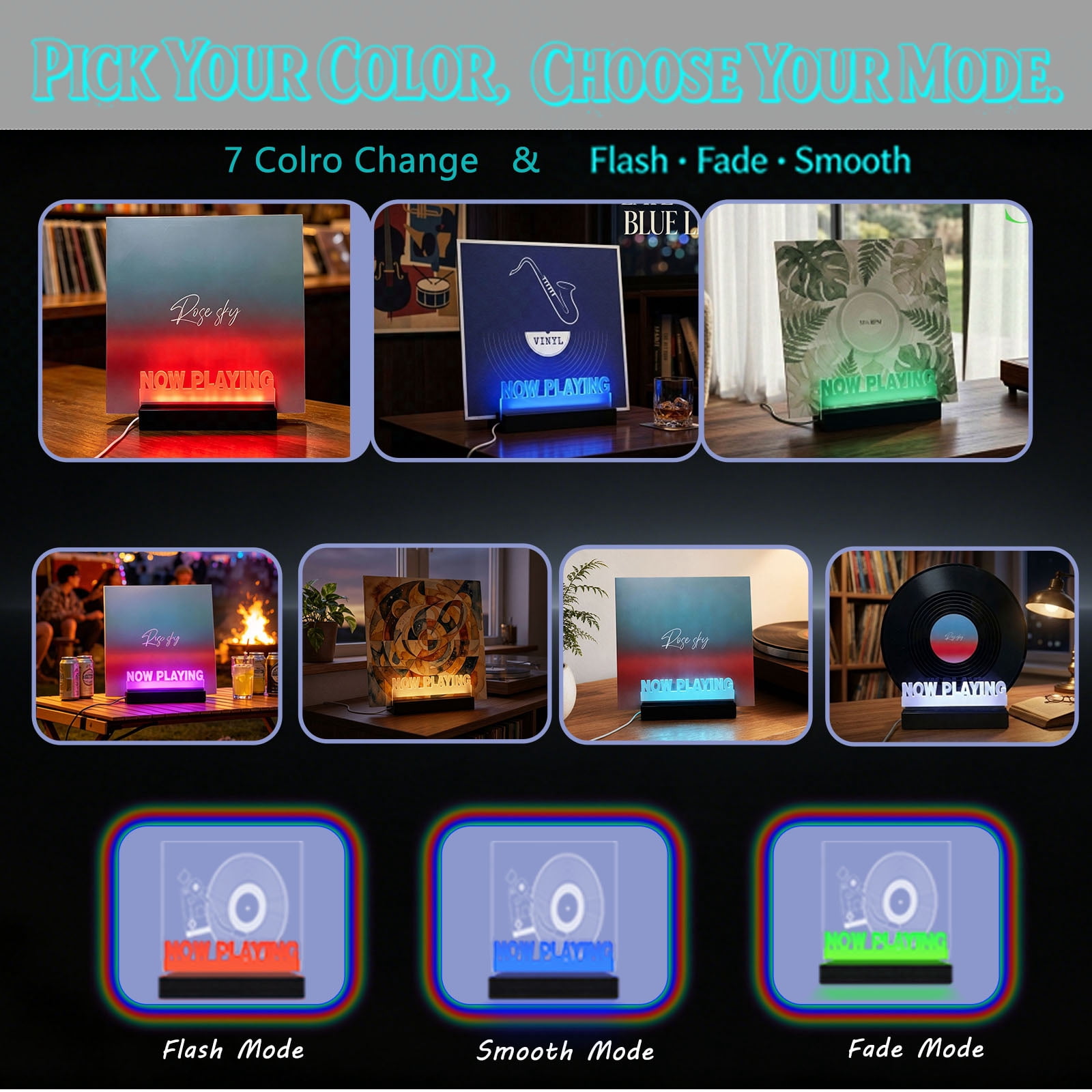 Now Playing Vinyl Stand 7 Color Change Switch Remote Control Dimming Timer USB Charge Retro Wooden Base Acrylic Panel Record Album Collection Display LED Night Light Desk Lamp Decoration