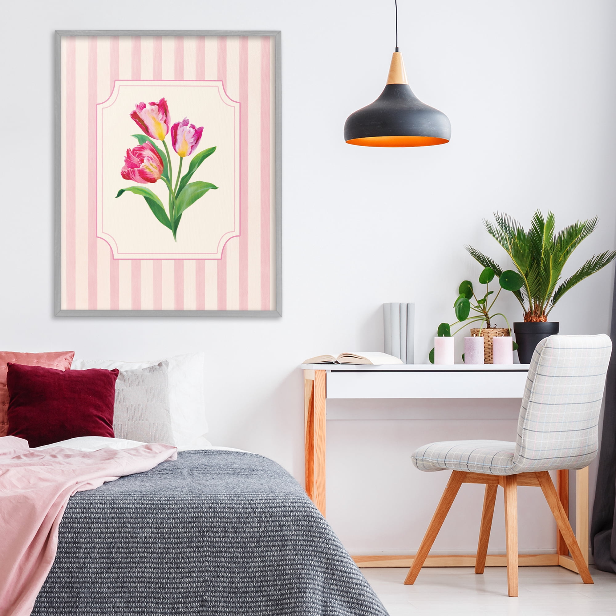 Stupell Industries Magenta Tulips over Stripes Gray Framed Giclee Art, design by Diane Neukirch