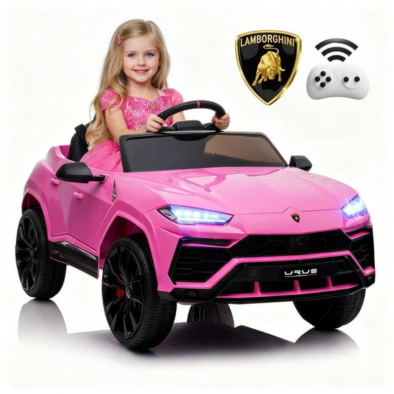 Rock Wheels Licensed Lamborghini Urus Ride On Truck Car Toy, 12V Battery Powered Electric 4 Wheels Kids Toys w/ Parent Remote Control, Foot Pedal, Music, Aux, LED Headlights, 2 Speeds (Pink)