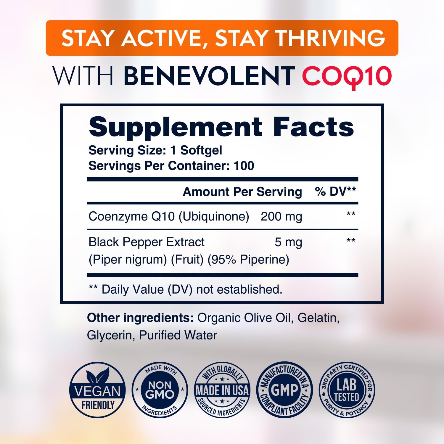 Benevolent Nourishment CoQ10 200mg Softgels, High Absorption Coenzyme Q10 Supplement, 100 Count