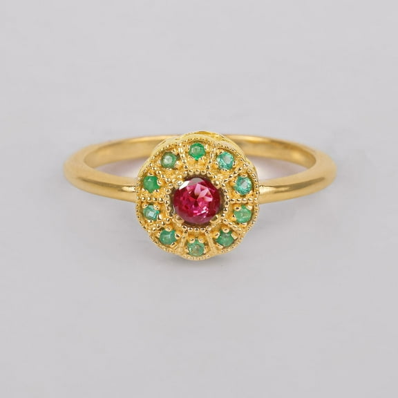 Round Ruby & Green Emerald Vintage Ring, Round Bazel Halo Stacable Ring, Unique Beaded Handmade Jewelry, Full Milgrain Ring, Gift For Men/Women,