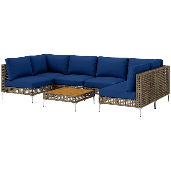 Homiyad 7 Piece Wicker Patio Furniture Set, Modular Outdoor Sectional with Thickened Cushions, Acacia Wood Table, Brown/Blue