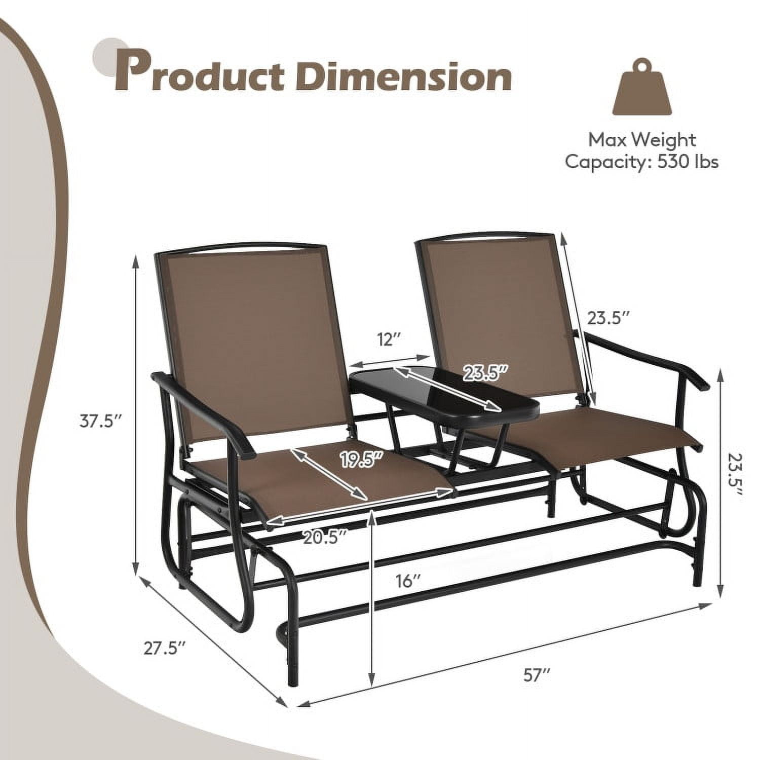 Aimee Lii Outdoor Patio Furniture Set, 2-Person Double Rocking Loveseat with Mesh Fabric and Center Tempered Glass Table, Brown