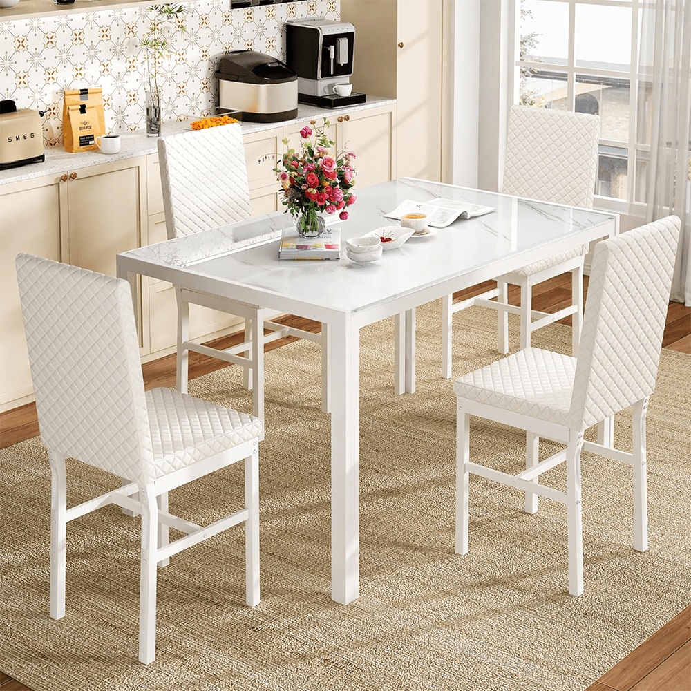 LinkRomat Glass Dining Table Set for 4, Faux Marble Kitchen Table and 4 PU Leather Upholstered Chairs, Modern Dinette for Dining Room, Compact Space