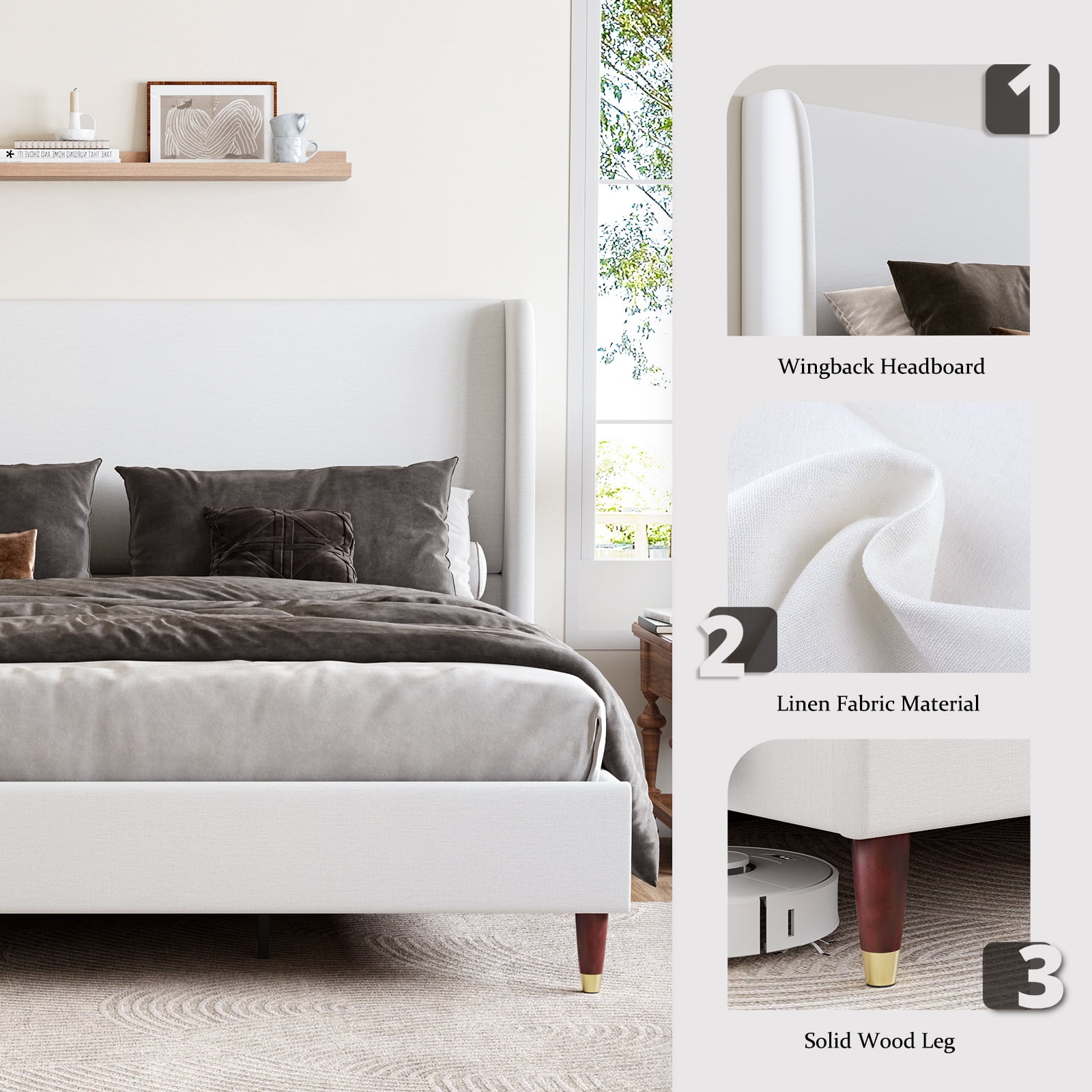 Merluxy 51.2" Queen Bed Frame with High Headboard,Upholstered,No Box Spring Required,White