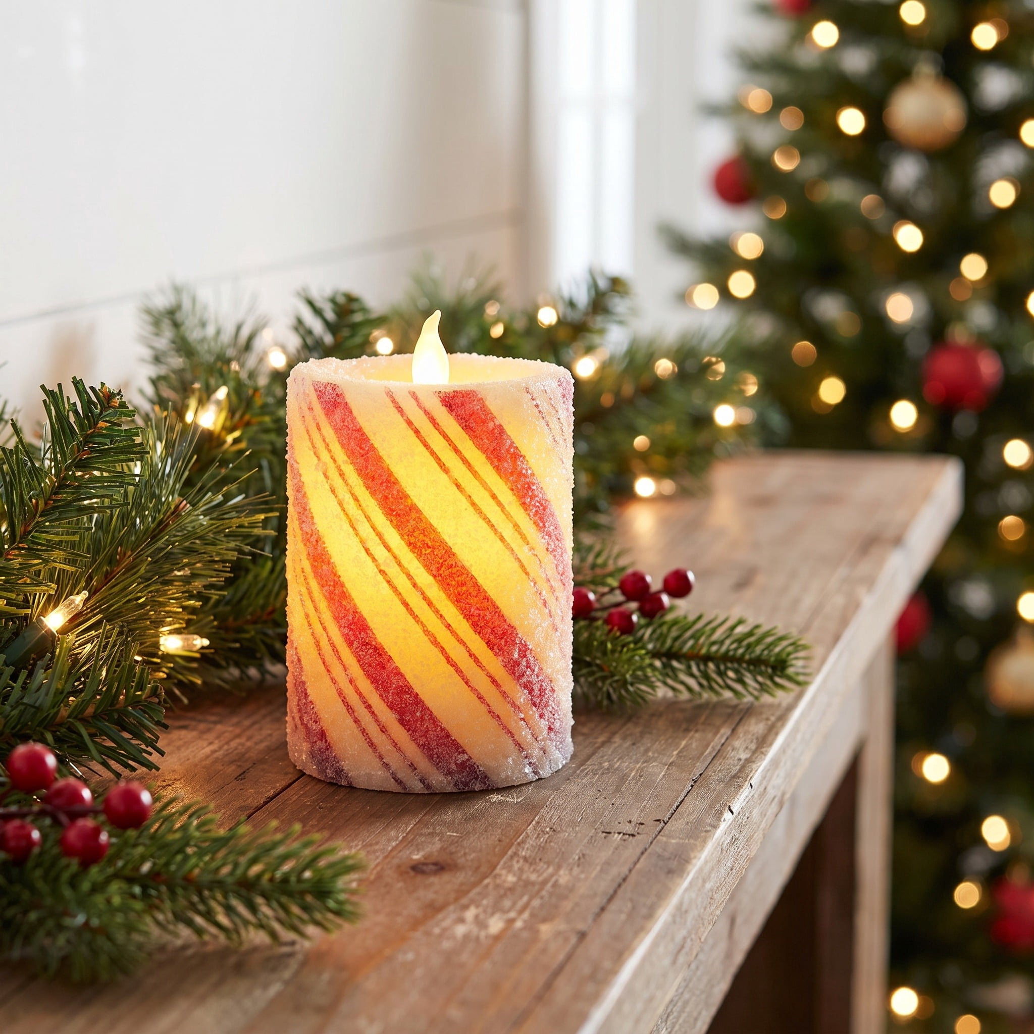 Indoor Battery-Operated LED Plastic Flameless Candy Cane Christmas Pillar Candle, Red and White, 4.7", by Holiday Time