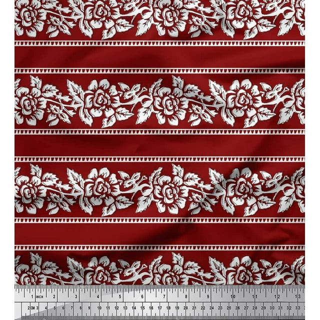 Soimoi Poly Georgette Fabric Leaves & Floral Block Printed Fabric 1 Yard 52 Inch Wide