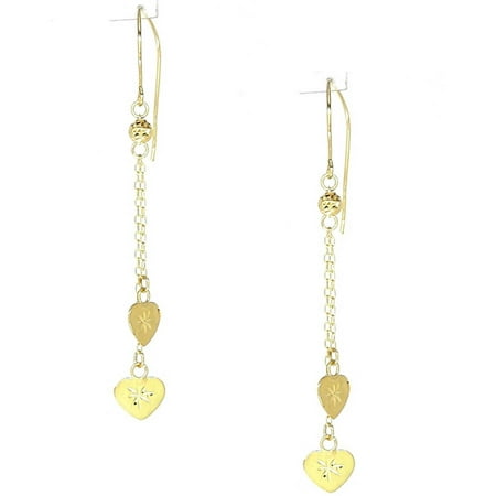 American Designs 14kt Yellow Gold Diamond-Cut Double-Heart Love Chain Bead/Ball Dangle and Drop Earrings, French Wire