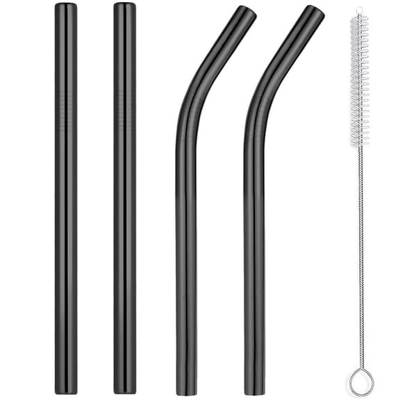 Sinvic Reusable Smoothie Straws & Milkshake Straws 0.4" Wide Mouth Straw, Set of 4 Stainless Steel Straws 8.5"&10.5" with 1 Long Straw Cleaner Brush，Black Metal Straws for Jumbo Thicker Drinks