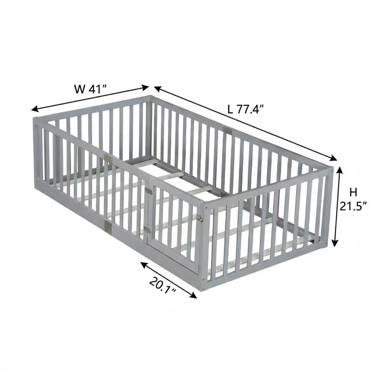 UHOMEPRO Twin Floor Bed with High Fence & Door, Montessori Floor Bed with 21.5" Safety Guardrails, Solid Wood Twin Beds Frame for Kids Girls, Boys, with Slats, Grey