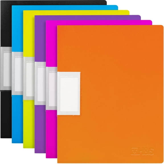 H&S A4 Display Folders - Set of 6 - Presentation Folder with 30 Plastic Sleeves - Document Display Book with Pockets - Assorted Colors - Black, Blue, Purple, Yellow, Orange, Pink