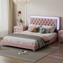 Newboti Furniture Queen Size Upholstered Bed Frame with LED Lights,Modern Velvet Platform Bed with Tufted Headboard,Pink 95999