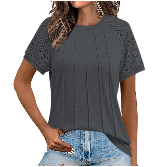 Pantalones Cortos para Mujeres Sexy Casual Suelto Cuello Redondo Encaje Patchwork Top, Plisado Pecho Manga Corta Blusa para el Uso Diario, Fiesta Y Fecha