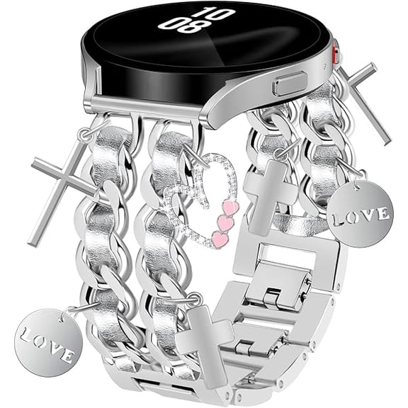 Silver Metal Band with Charms Women 20mm Adjustable Double Chain Watch Strap Compatible with Samsung Galaxy Watch 7/6/5/4/Active 2/4 6 Classic/5 Pro/FE 40mm 42mm 43mm 44mm 45mm 46mm 47mm